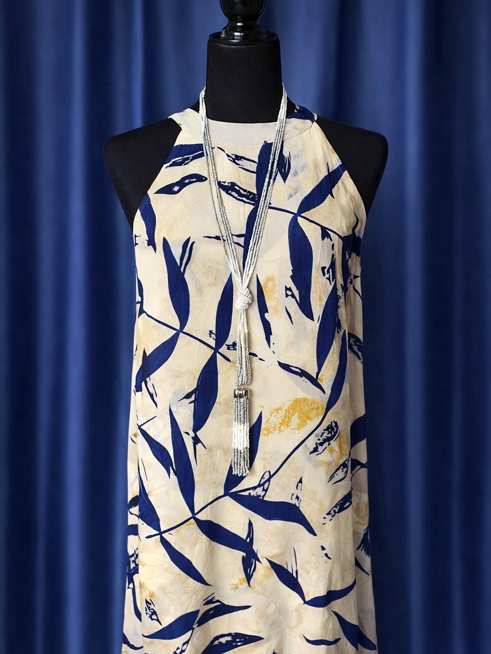 Navy and Cream Floral Tie-Front Sleeveless Dress